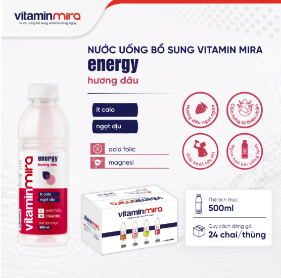 Nước uống bổ sung Vitamin Mira energy hương dâu